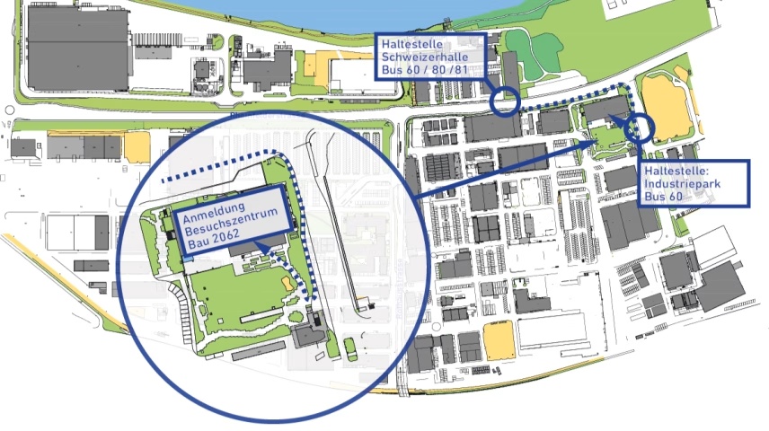 Visitor centre and public transport arrival map for GETEC PARK.MUTTENZ